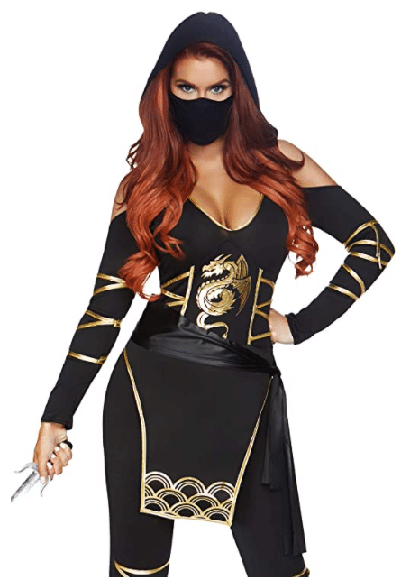 Black and Gold Deadly Ninja Halloween costume for adult women with COVID mask that incorporates a face mask