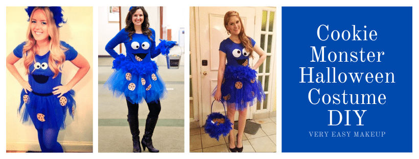 Cookie Monster Halloween Costume DIY by Very Easy Makeup, Cookie Monster Halloween shirt, and Cookie Monster COVID mask