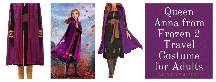 Disney Frozen 2 Queen Anna travel costume with green dress and purple cape costume for adults, women, cosplay, and Halloween