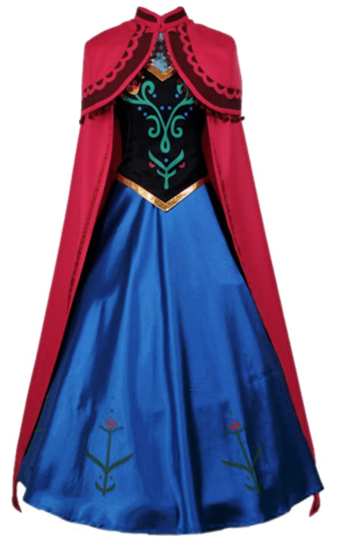 Disney Princess dress of Queen Anna from Frozen with blue dress and red cape for adults and women for cosplay and Halloween costume
