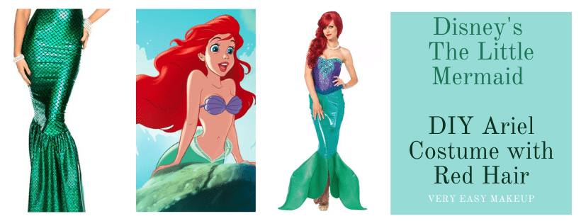 Disney The Little Mermaid Ariel Costume idea with red hair and DIY Halloween costume with red wig for Ariel by Very Easy Makeup
