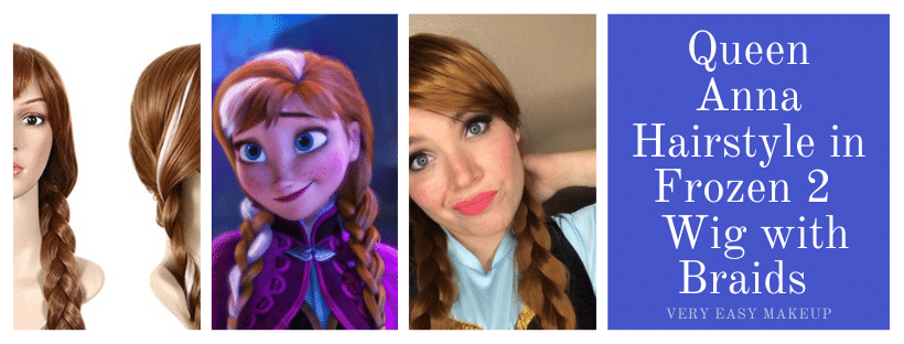 Disney's Queen Anna from Frozen 2 hairstyle and brown wig with white streak and two braids