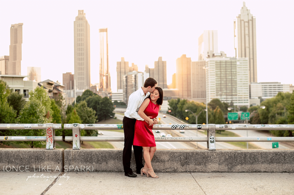 Jackson Street Bridge fall and summer engagement photoshoot and photo shoot idea in Atlanta for downtown Atlanta views