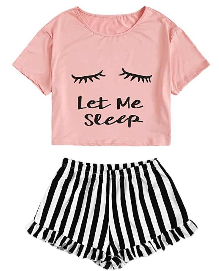Let Me Sleep cute women's pajama sets with shorts and t-shirt in pink, black, and white