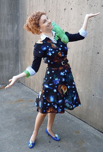 Ms. Frizzle DIY Halloween costume idea for teachers with red and orange curly hair