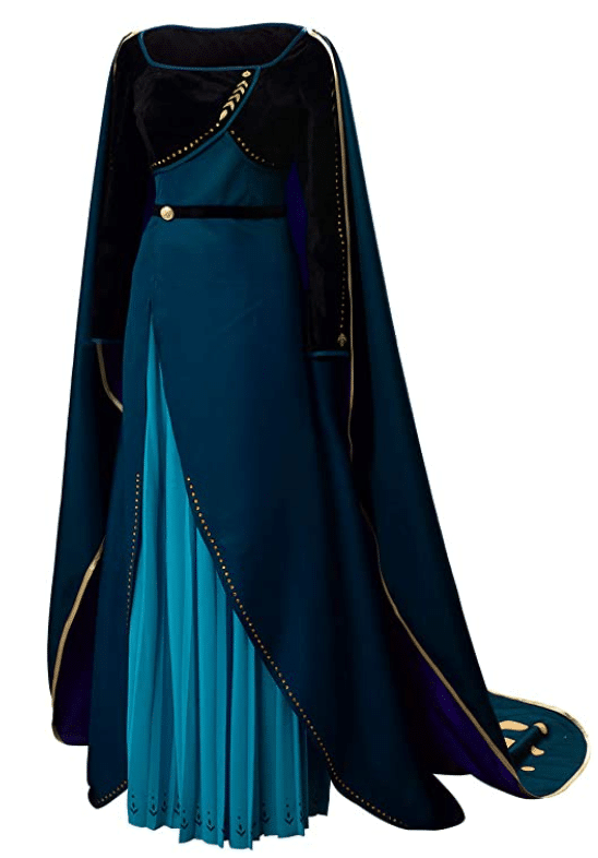 Queen Anna from Disney Frozen 2 costume dark blue and green dress and outdoor velvet cape and gown for green Anna cosplay costume