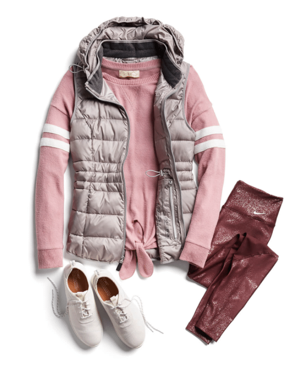Stitch Fix Athleisure outfit for fall 2020 with light pink sweater and shiny red tights