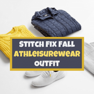 Stitch Fix Fall 2020 athleisurewear outfits with blue North Face Jacket, yellow sweater, grey sweatpants, and white sneakers by Very Easy Makeup
