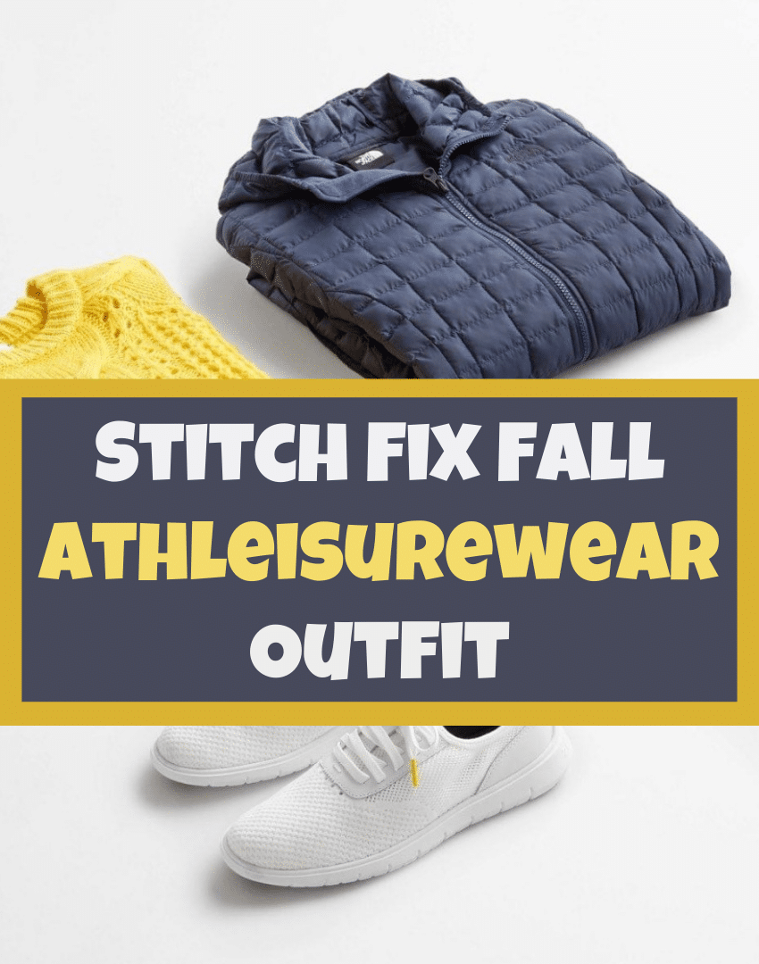 Stitch Fix Fall 2020 athleisurewear outfits with blue North Face Jacket, yellow sweater, grey sweatpants, and white sneakers by Very Easy Makeup