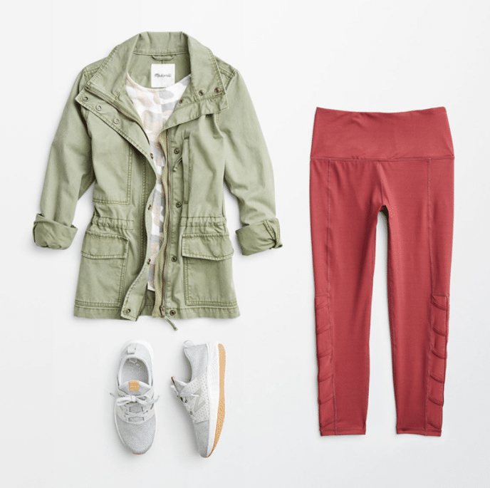 Stitch Fix Fall Athleisure outfit with green cargo camo jacket and red rights