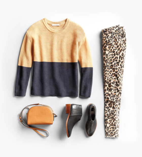 Stitch Fix Fall Outfit Idea with Yellow and Blue Sweater, Leopard Print Leggings, and Black Boots