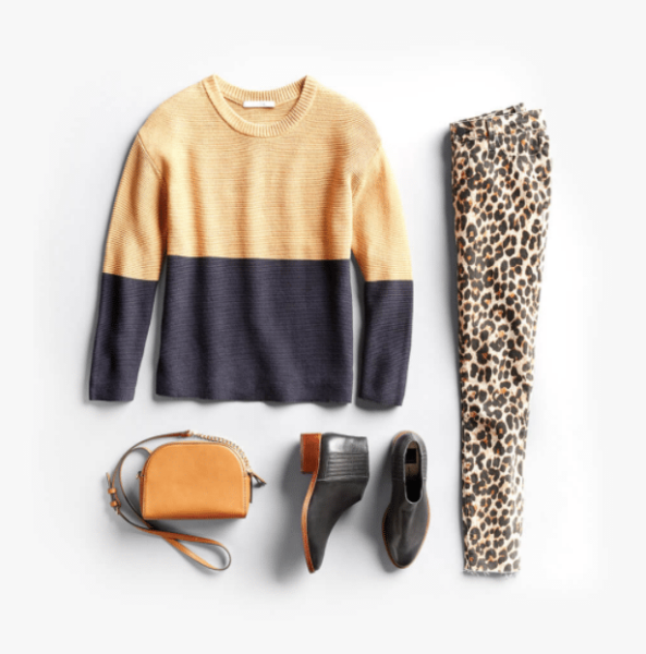 Stitch Fix Fall Outfit Idea with Yellow and Blue Sweater, Leopard Print Leggings, and Black Boots