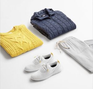 Stitch Fix Fall athleisure outfit and weekend outfit idea with yellow sweater and gray sweatpants