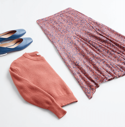 Stitch Fix fall 2020 outfit with light pink midi skirt, coral sweater, and blue flats for feminine summer to fall outfits for date night