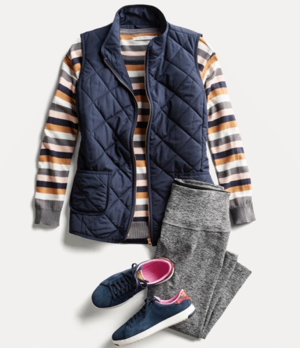 Stitch Fix fall athleisure outfit idea with blue vest and striped sweater with gray pants