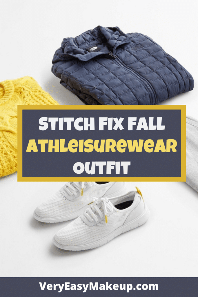 Stitch Fix fall athleisure wear outfits and weekend outfit idea with grey sweatpants, dark blue Northface jacket, yellow sweater, and casual white sneakers by Very Easy Makeup