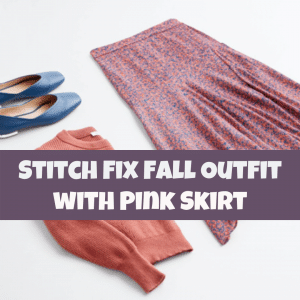 Stitch Fix fall outfit with pink skirt, pink or coral sweater, and blue flats for 2020 fashion and outfit ideas