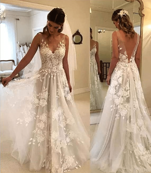 Tsbirdal A-line v-neck backless lace boho wedding gown dress to copy Fleur Delacour Yule Ball dress