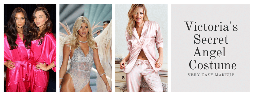 Victoria's Secret Angel Costume for Halloween with hot pink robe, lingerie and angel wings, and light pink VS pajama set by Very Easy Makeup