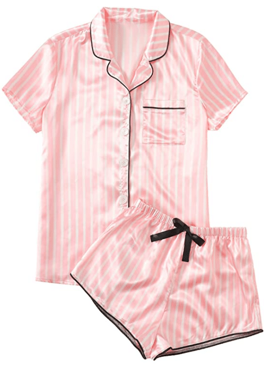 Victoria's Secret pink and white striped satin pajama set with shirt and shorts