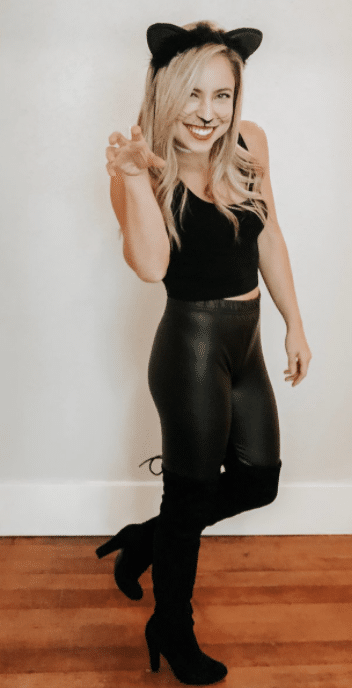 black cat DIY Halloween costume with black pants and clothes from home