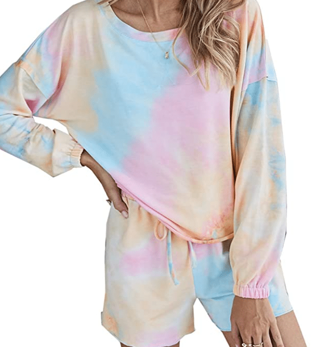 bright blue, yellow, and pink tie dye loungewear sets shorts for women on Amazon
