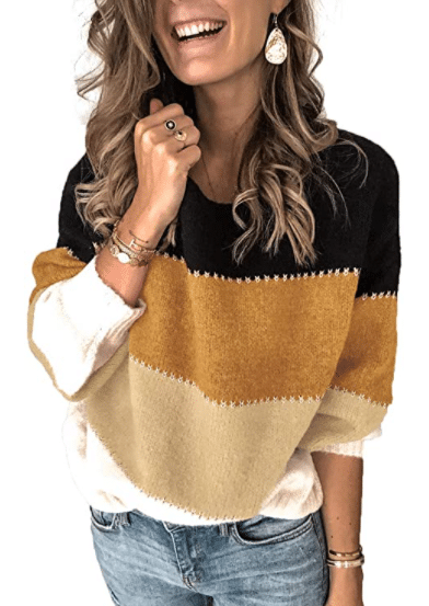 brown, tan, and black striped sweater to copy fall Stitch FIx outfit with leopard pants and blue and yellow sweater