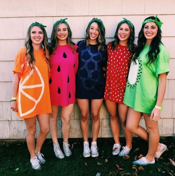 college group Halloween costumes with bowl of fruit