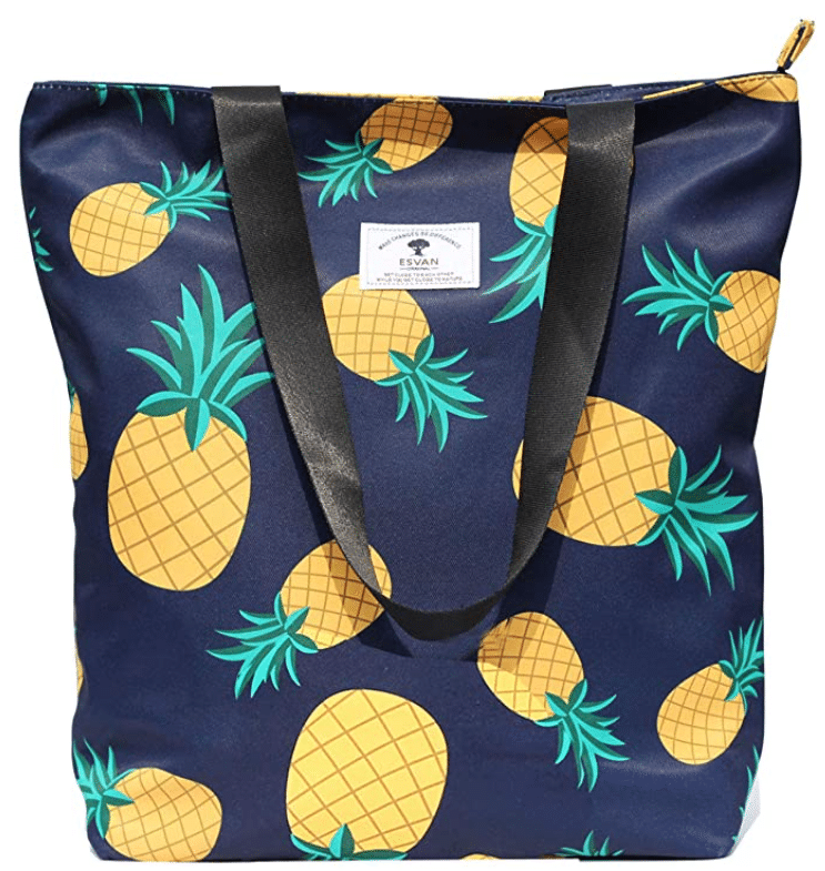 cute dark blue and yellow pineapple tote bag for grocery bag, large tote bag, gym bag, picnic bag, travel bag, and beach bag by ESVAN with zipper in dark blue