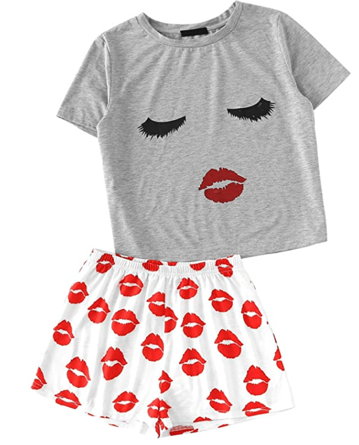 cute pajama sets for women with red kisses and eyelashes and shorts