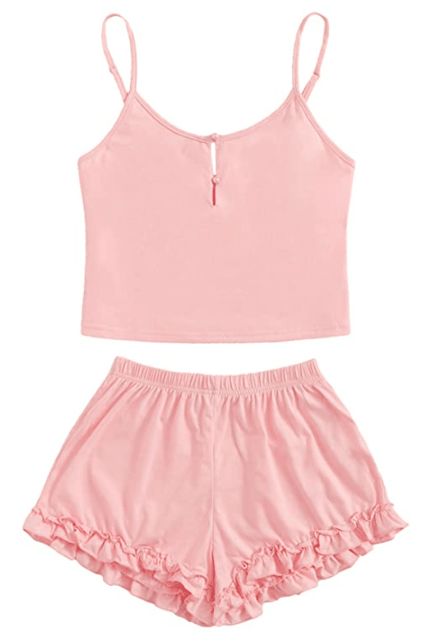 cute pink pajama sets for women with cami top and pajama shorts with ruffles by Sheln