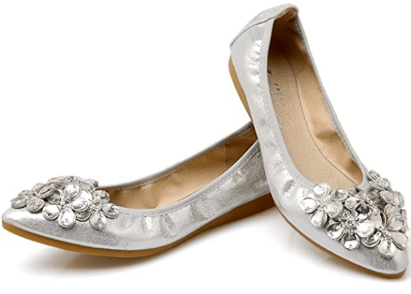 cute silver and sparkly flats with jewels and rhinestones for dressing up and fancy fall or summer outfits to wear with dresses and skirts