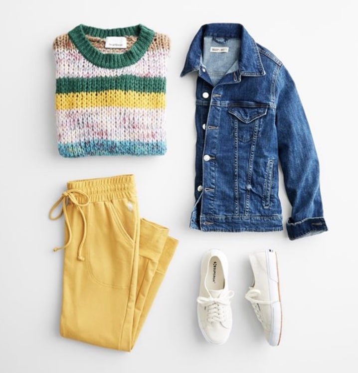 fall loungewear outfit by Stitch Fix with yellow pants, jean jacket, and striped sweater