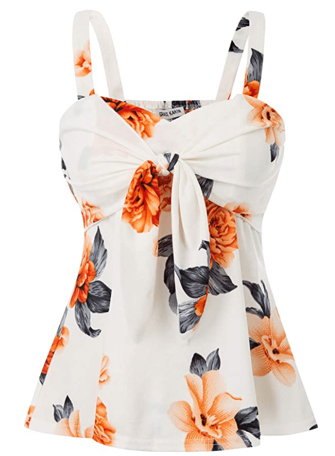 feminine v neck and sweetheart neck floral tank top with flowers in white and bow tie in front