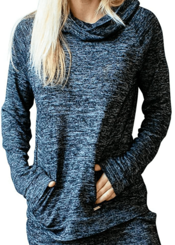 grey and black loungewear cowl neck hoodie and loungewear top for women with pockets