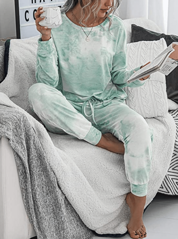 light green and white tie dye loungewear set with long pants and drawstring from Amazon for women