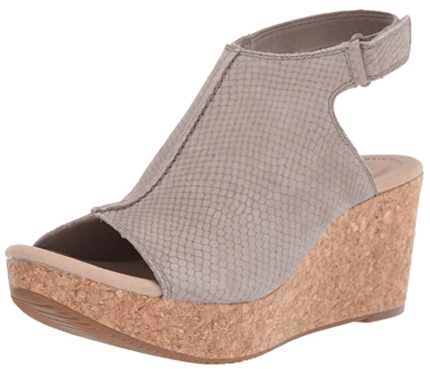 light grey suede wedge sandals with open heel to wear with dresses for summer and fall outfits