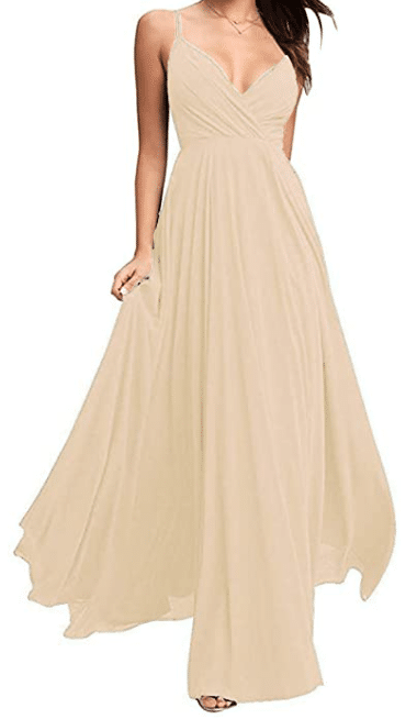 light tan bridesmaid dress with spaghetti straps and v-neck with chiffon to look like Fleur Delacour Yule Ball dress
