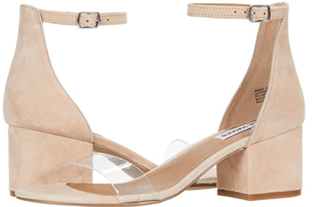 light tan suede ow heels by Steve Madden with clear strap in leather and suede for summer and fall outfits and dresses