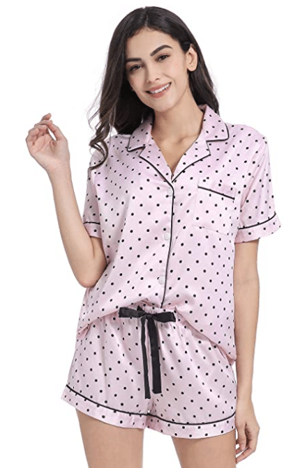 pink and black polka dots silk and satin pajama set with shorts and shirt from Victoria's Secret magazine look