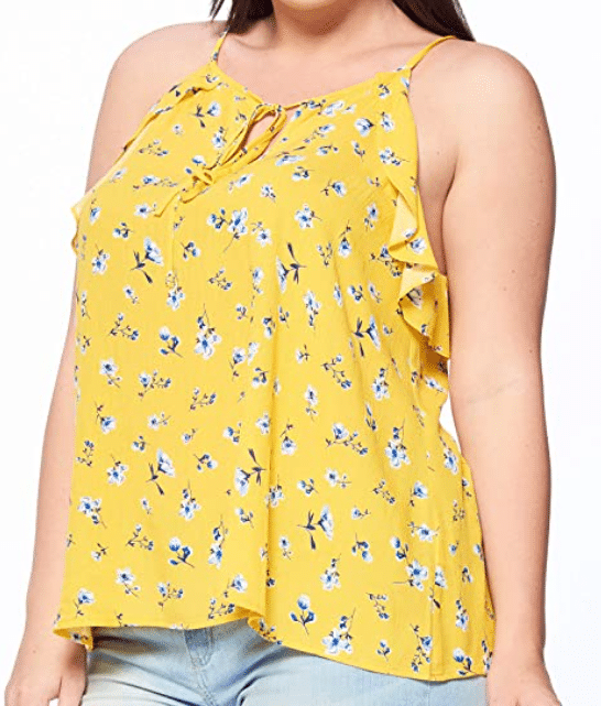 plus size yellow cami tank top with ruffles and small floral and flower print for plus size women