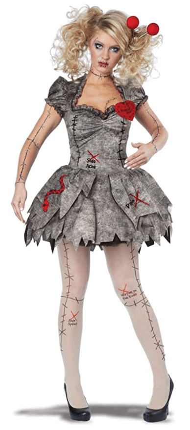 scary and sexy Voodoo doll Halloween costume for women with short dress to wear with coronavirus face mask