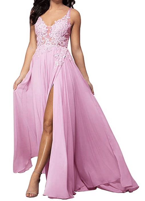see through sexy prom dress in pink with high slit, beads, and sparkles