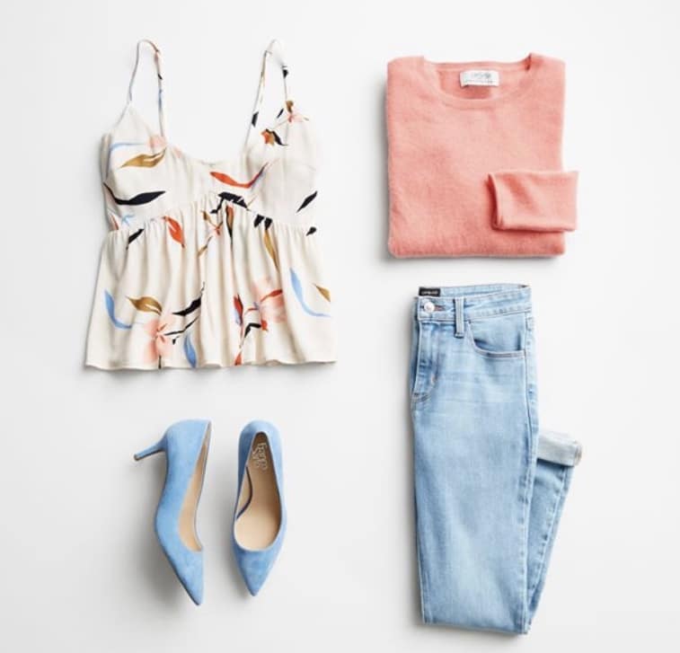stitch fix spring outfit and outfits with floral tank top, coral sweater, light jeans, and blue suede heels by Franco Sarto