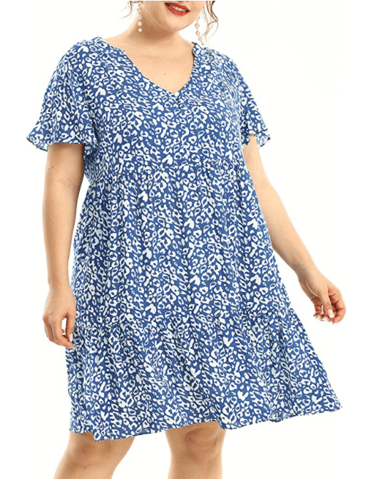 V-neck dark blue floral print dress in plus size to copy Stitch Fix bohemian romance plus size dress