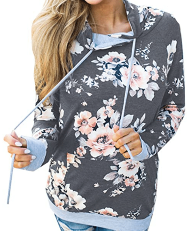 women's casual grey and light pink floral sweater and hoodie