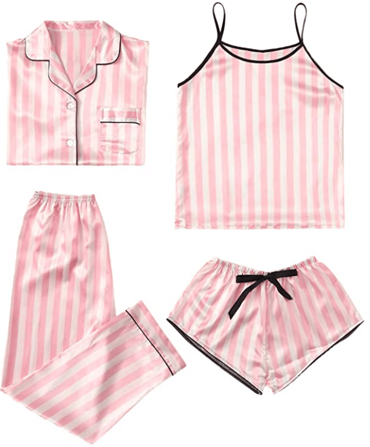 4 piece Victoria's Secret satin and silk pajama set with pink and white stripes with shirt, shorts, and pants