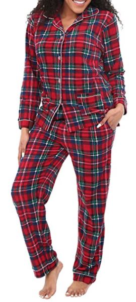 Alexander Del Rossa Women's Warm Fleece Pajamas, Long Button Down Pj Set for Christmas with red and green plaid