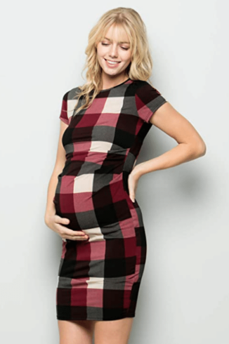 Black and Red Plaid Maternity Dress for Fall with Short Sleeves