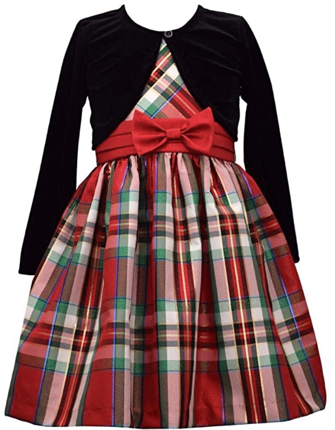 Fancy Bonnie Jean Christmas Dress - Plaid with Black Cardigan for Toddler, Little and Big Girls